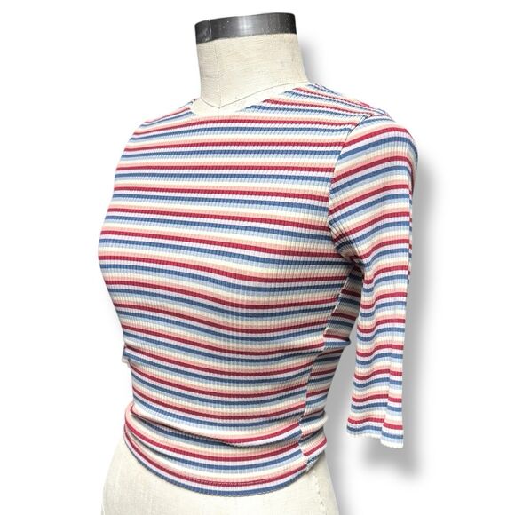 Reformation Womens Cameron Striped Cropped Ribbed Top S Crew Neck Pink Y2k - Picture 2 of 7